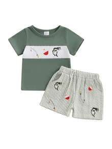 Toddler Baby Boy Fishing Outfit Short Sleeve Crew Neck Shirt And Plaid Elastic Waist Shorts Set Infant Summer Clothes - xanh quân đội - Xem 4