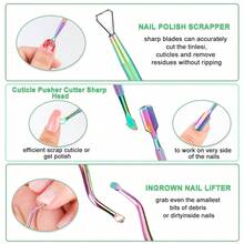 14pcs Cuticle Pusher And Nail File Set, Professional Stainless Steel Nail Care Set, Cuticle Pusher, Manicure & Pedicure Tools, UV Gel Polish Remover, Groove Cleaning Kit For Fingernails And Toenails Dead Skin Nail Tech Supplies - 彩色 - 查看 3