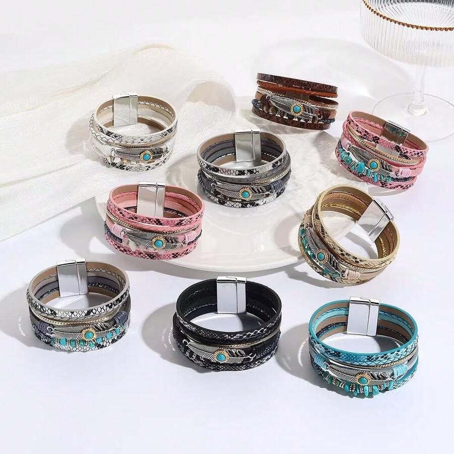 1pc Bohemian Style Beaded, Feather & Leather Women Bracelet, Creative Vintage Turquoise Magnetic Clasp Wristband, Versatile For Party And Daily Wear - Bracelet - View 1
