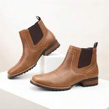 Men's Vintage Embroidered Western Chelsea Boots, Low-Top Square Toe Chunky Heel Chelsea Boots, Versatile Thick Sole Casual Increased Height Outdoor Farm Boots - Brown - View 6