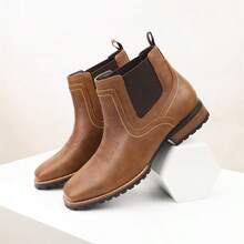 Men's Vintage Embroidered Western Chelsea Boots, Low-Top Square Toe Chunky Heel Chelsea Boots, Versatile Thick Sole Casual Increased Height Outdoor Farm Boots - Brown - View 7