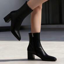 Women's Square-Toe Chunky Heel Ankle Boots, Soft Leather Stretch Slim Boots, Versatile Commuter Boots In Black, White, And Red. - màu đen - Xem 4
