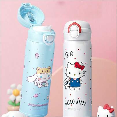 SANRIO 1 bình nước giữ nhiệt bằng thép không gỉ 500ml kèm hai ống hút, thích hợp cho văn phòng, cắm trại, nhà, trường học, làm quà tặng cho bạn gái, sinh nhật.