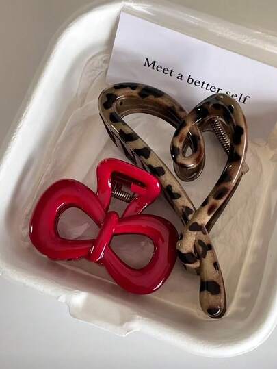 2 piezas/1 pieza Pinza de pelo con estampado de leopardo y pinza de pelo con lazo rojo, accesorios de pelo elegantes y minimalistas, pinzas de pelo de unicolor adecuadas para uso diario, casual, fiesta, playa, vacaciones, peinado, lavado de cabello, maquillaje, accesorios de vestir, otoño/invierno/primavera/verano