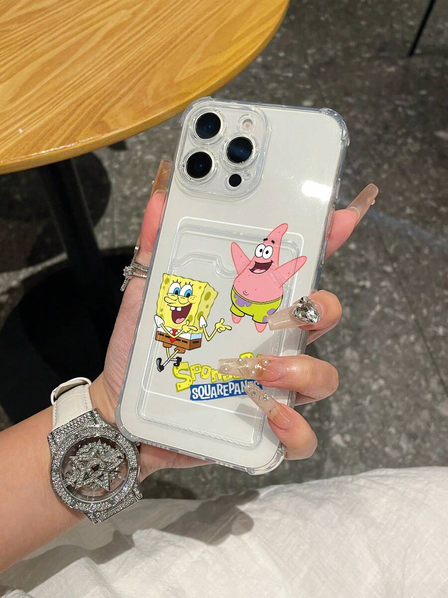 1pc Cute & Fun Transparent Card Holder Case, Minimalist Design - Spongebob Squarepants Painted Pattern, Shockproof Phone Case Compatible With IPhone 11/12/12 Pro Max/14 Pro Max/15/15 Pro/16/16 Pro Max/17 And Other Models - Multicolor - View 1