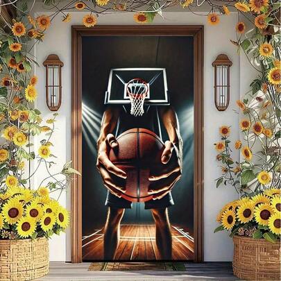 2D Flat Door Flags, Basketball Stands And Player Design Polyester Door Curtains - Indoor/Outdoor Art Decoration, Suitable For Home, Office, Bedroom, Living Room, Kitchen, Entrance Multi-Functional Festival And Party Decoration, Sports Event Decoration; Dynamic Sports Scene; Lively Printing Quality, Basketball Room Decoration