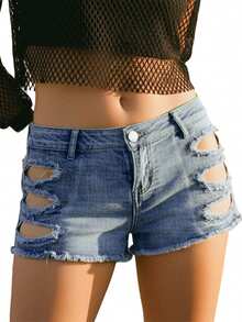 Women's Summer Mini Denim Shorts With Pockets Stylish Ripped Low Rise Jean Shorts - Blue - View 6