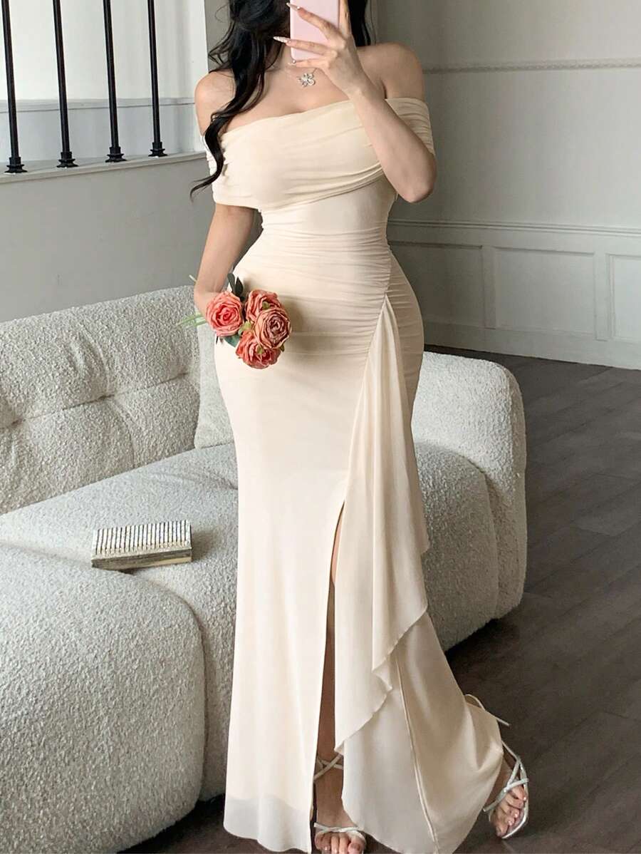 abyoxi Đầm maxi đuôi cá xẻ cao, hở vai, lưng trần, xếp ly màu mơ dành cho nữ, thanh lịch, thời trang, quyến rũ, lãng mạn, phù hợp cho tiệc tùng, hẹn hò, bữa tối trang trọng, ngày Valentine, đầm dài đuôi cá ôm sát mùa xuân/hè. - Màu be - Xem 1