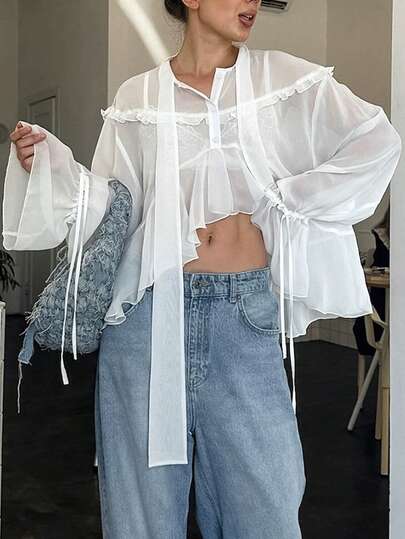 Women's Fashion Casual Chiffon Shirt, Sheer Chiffon Long Sleeve Half-Placket Blouse Top, Solid Woven Fabric Sheer Ruffle/Frill Asymmetric/Irregular Casual Daily Date Office Wear Summer