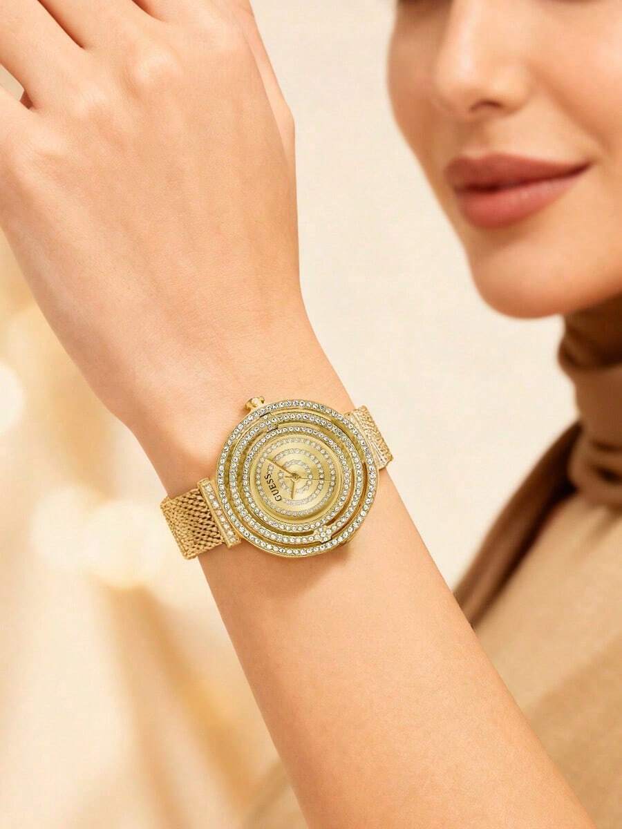 Guess 1件女士梦幻香槟色圆形表盘模拟腕表，精致链式设计，独特球形水晶连接，水晶表圈和表盘相得益彰，女士礼物，GW0550L2 - 金色 - 查看 1