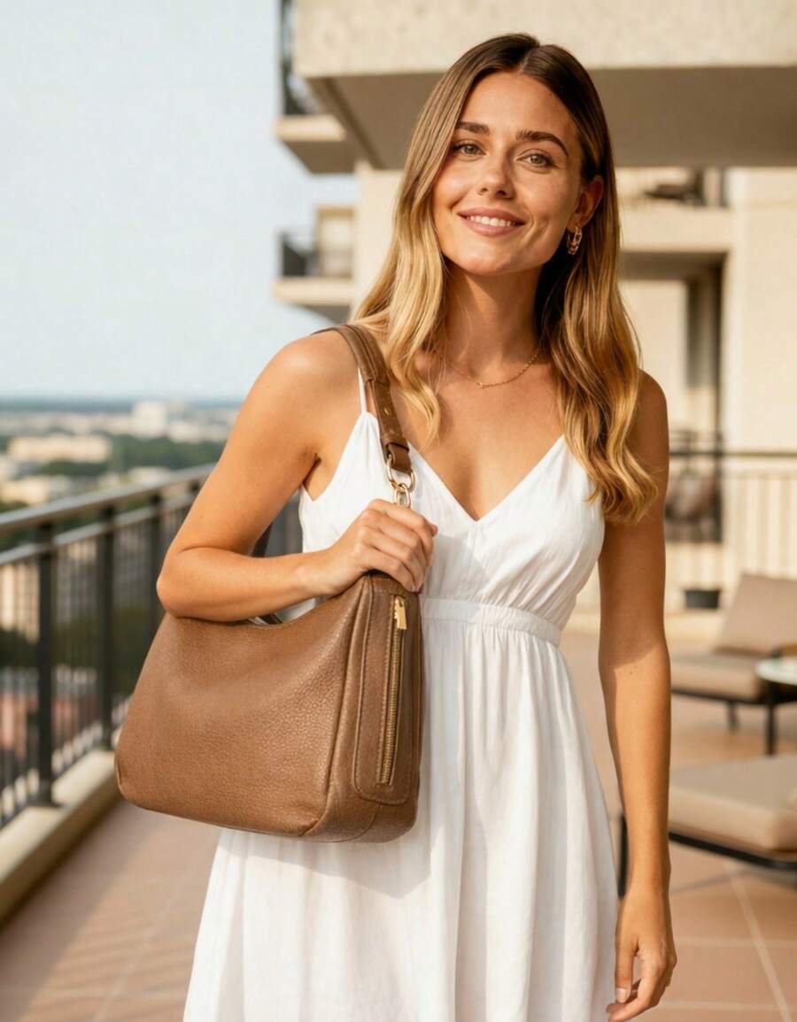Women's Large Hobo Bag With Modern Finish And Ring Detail - 咖啡 - 查看 1