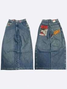 Y2K Street Jeans, Unisex Hip-Hop Style, Retro Blue, Loose High-Waisted Wide-Leg, Letter Print - trắng - Xem 1