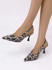 2026新款豹纹尖头小猫跟凉鞋，时尚优雅OL通勤约会派对高跟鞋，女士 - 杏色 - 查看 6