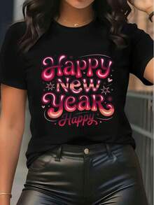 Camiseta de manga corta para mujer con estampado de Feliz Año Nuevo, camiseta gráfica casual de cuello redondo, ajuste holgado, para fiestas festivas - Negro - Ver 1