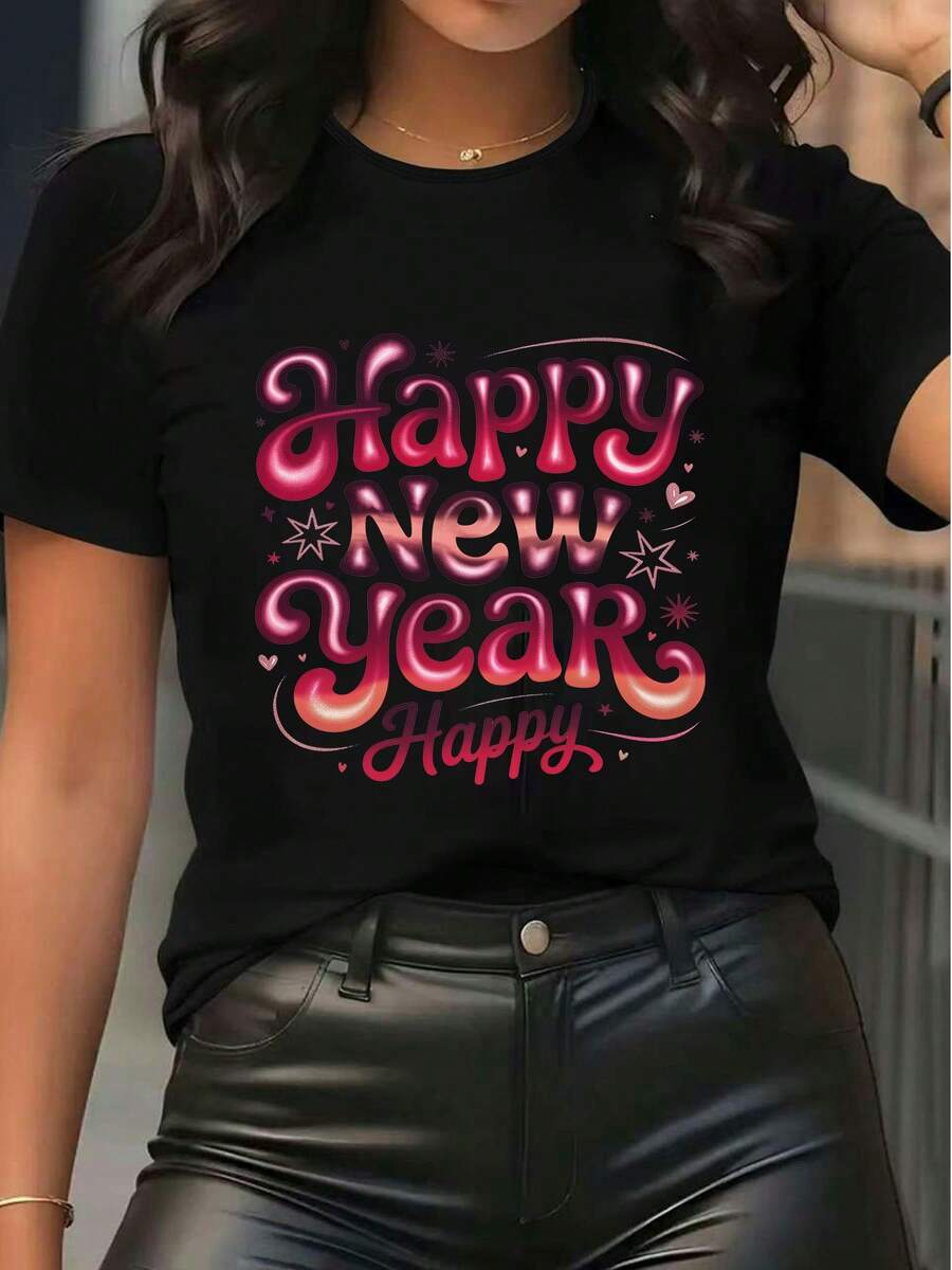 Camiseta de manga corta para mujer con estampado de Feliz Año Nuevo, camiseta gráfica casual de cuello redondo, ajuste holgado, para fiestas festivas - Negro - Ver 1