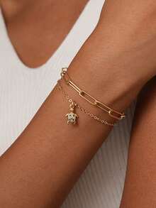 Tkool 2pcs/Set Women's Bracelet Set, Bohemian Summer Beach Style, Golden Electroplated Multi-Layer Basic Chain, Safety Pin Chain, Copper Inlaid Zirconia Turtle Pendant, Multi-Layer Stacking Bracelets, Ocean Series Jewelry Gift - Yellow Gold - View 2