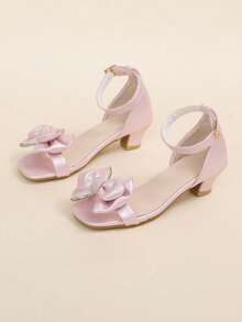 1 Pair Girls' Summer High Heel Sandals, Double Layer Pink Rhinestone Bow Decor, Dreamy Princess Shoes, Square Toe, Suitable For Parties, Gatherings, School Performances - Pink - View 2