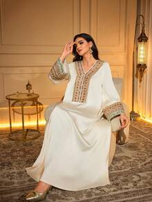 Elegant Long Arabic Style Dress, V-Neck, Embellished With Applique Details, Woven Fabric, Long Sleeve - Apricot - View 6