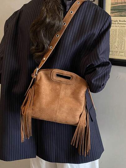 Nuevo bolso de hombro de moda para mujer, diseño minimalista de unicolor con borlas, material de ante sintético de alta gama, elegante bolso de mano y bandolera para damas, adecuado para compras, billetera, paseos, mujeres jóvenes, estudiantes universitarias, recién llegadas, trabajadoras de oficina. Ideal para oficina, universidad, trabajo, eventos de negocios, viajes al trabajo, actividades al aire libre, viajes y como regalo para amigos y familiares.