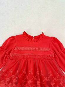 Infant Girls' Waffle Ruffle Trim Long Sleeve Dress, Spring/Autumn - Red - View 4
