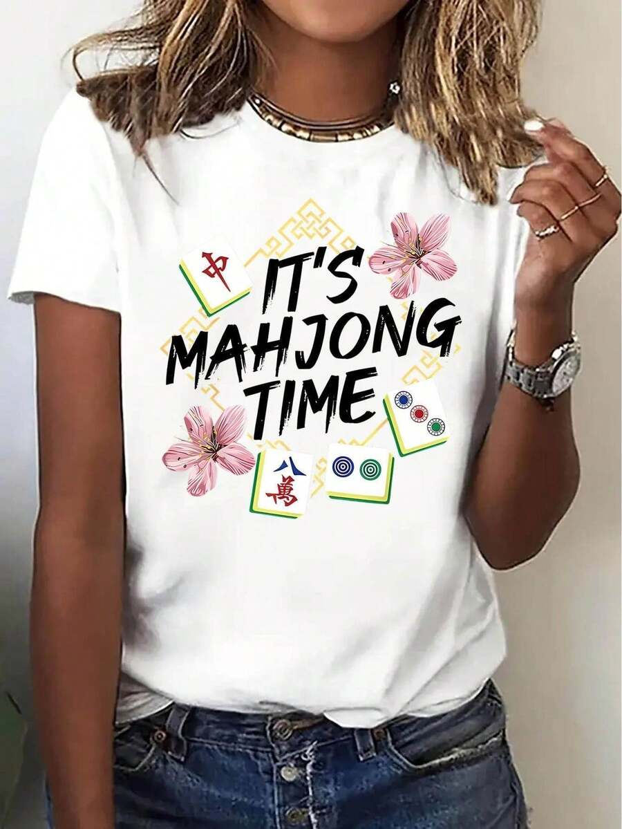 [Retro Mahjong Tee] Retro Y2K Women's Mahjong Graphic Tee - White Floral Tiles T-Shirt, Non-Stretch Round Neck Top For Mahjong Nights & Casual Attire - Spring/Fall/Summer Apparel, Mahjong Gifts - 黑色 - 查看 1