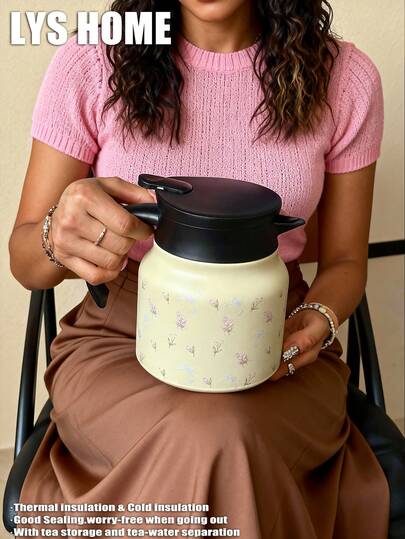 1pc 800ml Blue Bow & Pink Tulip Pattern Stainless Steel Double Wall Insulated Coffee Pot, Thermal Carafe, Water Pitcher, Tea Pot, Suitable For Office, Restaurant, Outdoor, Home, Party, Back To School, Valentine's Day, Mother's Day, Birthday Gift