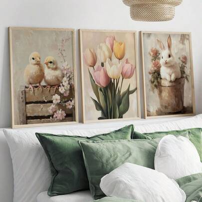 3 st/set, neutrala påskkycklingar, kaniner, tulpaner, målningar med tryck, dämpade vår- och bondgårdsaffischer, blommigt botaniskt tryck, vintage påskväggkonst, rustik påskdekor, kanvaskonst för vardagsrum, sovrum, kök, studentrum, hem- och rumsdekoration, orammade
