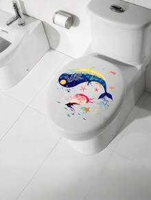 Brodark 可移除马桶贴纸，浴室装饰贴纸，艺术女孩与蓝鲸图案 - 白色 - 查看 2