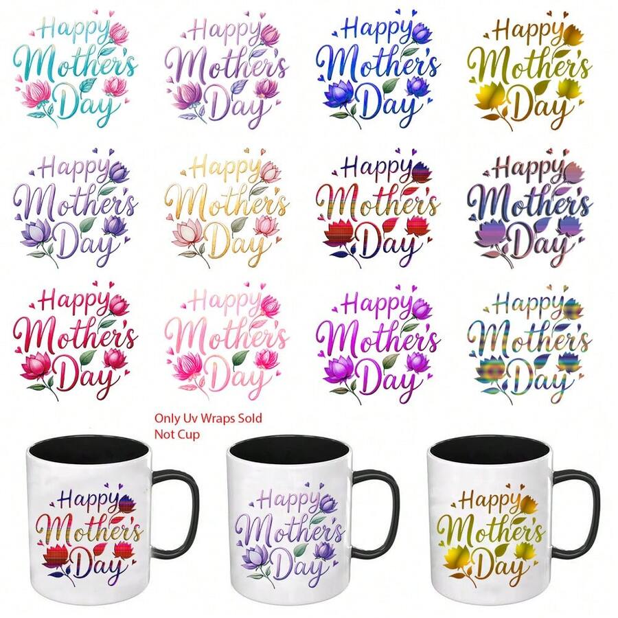 12pcs Set Mothers Day Colorful Flowers Picture Mug Stickers, Slim Glass Cup UV DTF Colorful Design High-Adhesive High Quality DIY Art Supplies For Art & Crafts Stickers Tumblers Happy Mothers Day - Multicolor - View 1