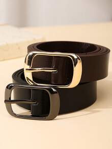 2条装黑色金扣高品质仿皮可调节腰带，纯色光滑优质PU腰带，适合搭配牛仔裤、休闲裤、连衣裙和日常服装。 - 多色方扣 - 查看 7