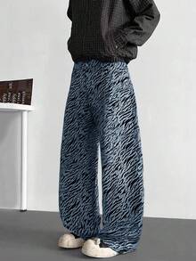 Quần jeans ống rộng họa tiết da báo đen trắng phong cách đường phố Mỹ ONE . DINY dành cho nam, kiểu dáng Y2K, thích hợp cho những dịp đặc biệt trong thời trang đường phố. - Màu xanh lam - Xem 3