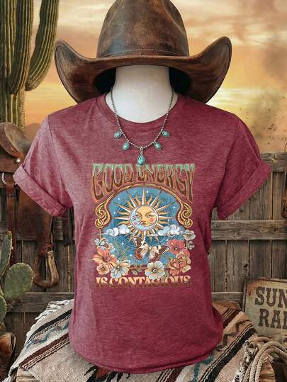 Stylish Women's Regular Fit Short Sleeve T Shirt With Sun Butterfly And Floral Graphic Perfect For Everyday Wear Casual Summer