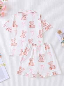Bộ đồ ngủ 2 món cho bé gái, áo sơ mi cổ bẻ tay ngắn và quần short rộng cạp chun, kiểu dáng mùa hè mới, họa tiết gấu hồng và nơ dễ thương, có thể giặt, đồ ngủ mặc nhà cho trẻ em và thanh thiếu niên. - trắng - Xem 2