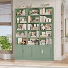 209cm Bookcase Tall Bookshelf With Doors 7-Tier Living Room Bookcase And Shelving Unit Free Standing Display Rack With 15 Open Compartments 209x150x23.7cm Green - Green - View 8