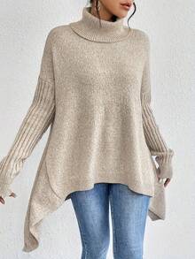 Women's New Arrivals For Early Spring 2026 Oversized Turtleneck Sweater Asymmetric Hem Turtleneck Top Relaxed-Fit Ribbed-Sleeve Turtleneck Casual Turtleneck Pullover With Dropped Shoulders Loose Turtleneck Sweater For Daily Wear  Sweaters For Women Long Sleeve Tops Women - 卡其色 - 查看 4