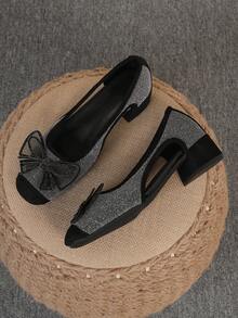 Quadratische Zehenkappe Plateau-Absatz Slip-On Schuhe, vielseitige Schleifendekor Schuhe, modische Loafer, schwarze High Heels, eine Nummer größer laufen, Größe 35-43 - Hohler schwarzer Sternenhimmel (Schwarzer Diamantbogen) - Übersicht 1