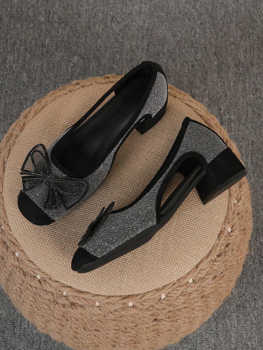 Quadratische Zehenkappe Plateau-Absatz Slip-On Schuhe, vielseitige Schleifendekor Schuhe, modische Loafer, schwarze High Heels, eine Nummer größer laufen, Größe 35-43 - Hohler schwarzer Sternenhimmel (Schwarzer Diamantbogen) - Übersicht 1