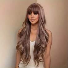 NATAN 1件装金色假发，带刘海，长款波浪卷渐变色假发，深色发根，耐热合成假发，适合女性日常派对佩戴，28英寸 - S4/27 - 查看 1