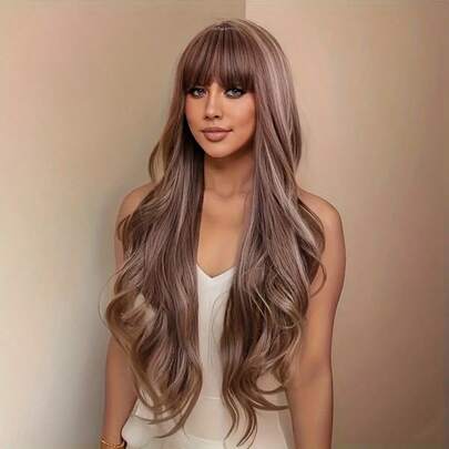 NATAN 1件装金色假发，带刘海，长款波浪卷渐变色假发，深色发根，耐热合成假发，适合女性日常派对佩戴，28英寸