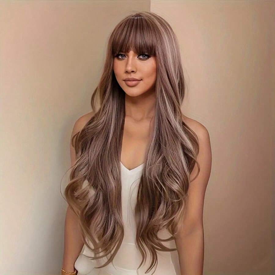 NATAN 1件装金色假发，带刘海，长款波浪卷渐变色假发，深色发根，耐热合成假发，适合女性日常派对佩戴，28英寸 - S4/27 - 查看 1