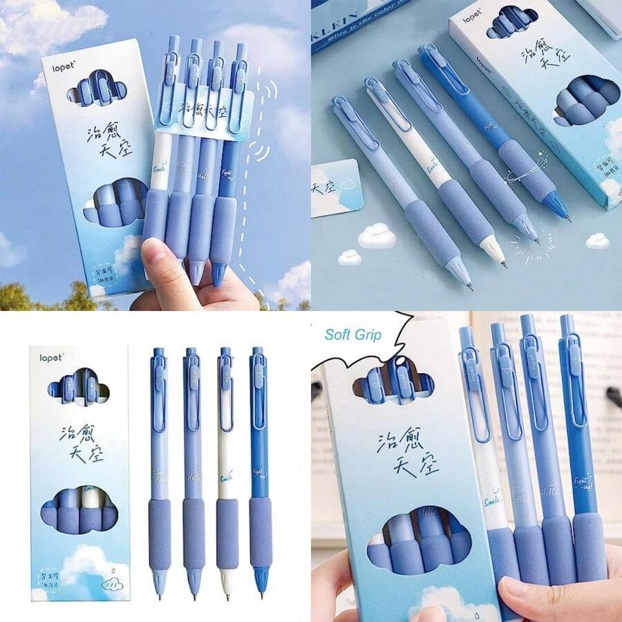 4 Pcs Gel Ink Pens Retractable Pens Cute Pen 0.5mm Ballpoint Pen Office School Supplies For Girls Boys Women Men Blue - 藍色 - 查看 1