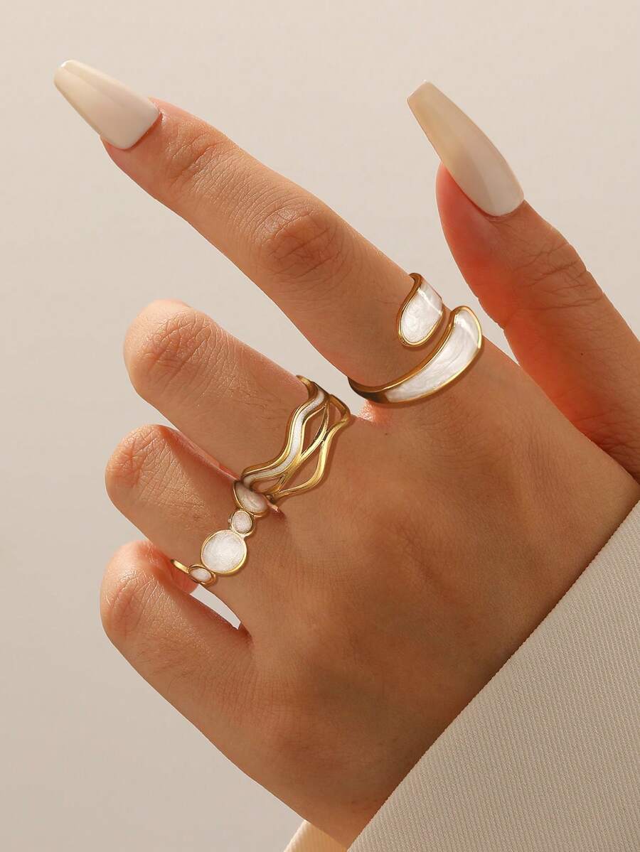 三件套时尚不对称不锈钢艺术珐琅戒指，18K真空镀金不褪色，女士珠宝，情人节礼物，适合日常佩戴