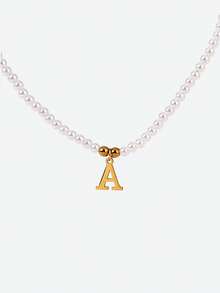 Opalesca 1pc Elegant Polyresin Stainless Steel Letter Pendant Necklace Faux Pearl Beaded Necklace For Women For Gift - Multicolor - View 3