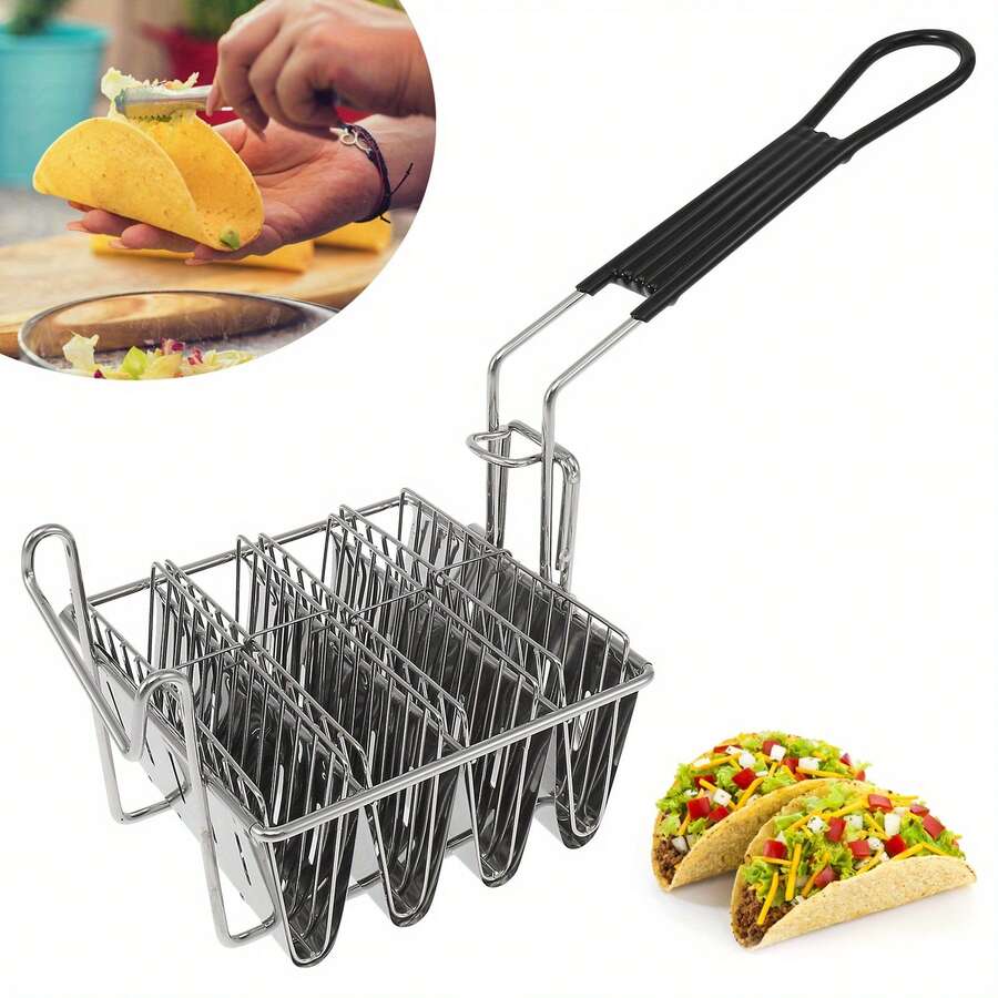 Taco Fryer Basket 4 Shells Taco Shell Fry Basket Stainless Steel Taco Shell Fryer Dishwasher Tortilla Fry Basket With Detachable Rubber Grip Handle For Home Restaurant