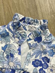 Blusa holgada de manga de murciélago con cuello en V, plisada, de estampado azul marino, para uso casual y vacaciones, primavera/verano - Azul y blanco - Ver 7