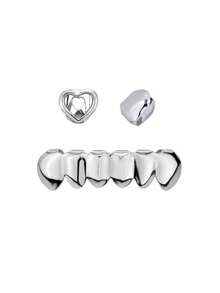 3pcs 14K Gold Plated Hollow Heart Shaped Clip-On Tooth Jewelry, Y2K Grillz For Valentine's Day & Halloween, Women - Multicolor - View 3