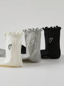 6双女士心形图案袜子，黑色、白色和灰色蕾丝边袜子，可搭配任何鞋子 - 彩色 - 查看 3