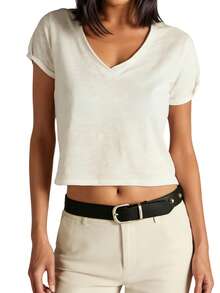 Women Summer V Neck Short Sleeve T-Shirts Casual Solid Crop Going Out Tops For Daily Office Party - 象牙白 - 查看 5