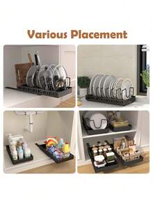 [Expandable Organizer With Utensil Rack] 2pcs  Expandable Kitchen Organizer With Pot Lid Holder, Utensil Rack, Dish Drainer & Pull-Out Drawer - Space-Saving Storage Solution - Black - View 7