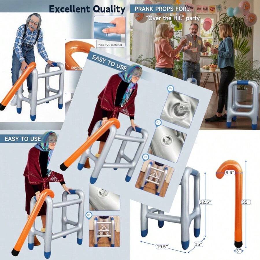 Inflatable Walker And Cane 2PCS Old Man Costume Accessories For Retirement Party Over The Hill Birthday Decorations Funny Gag Gift For Halloween Christmas - Grey - View 1